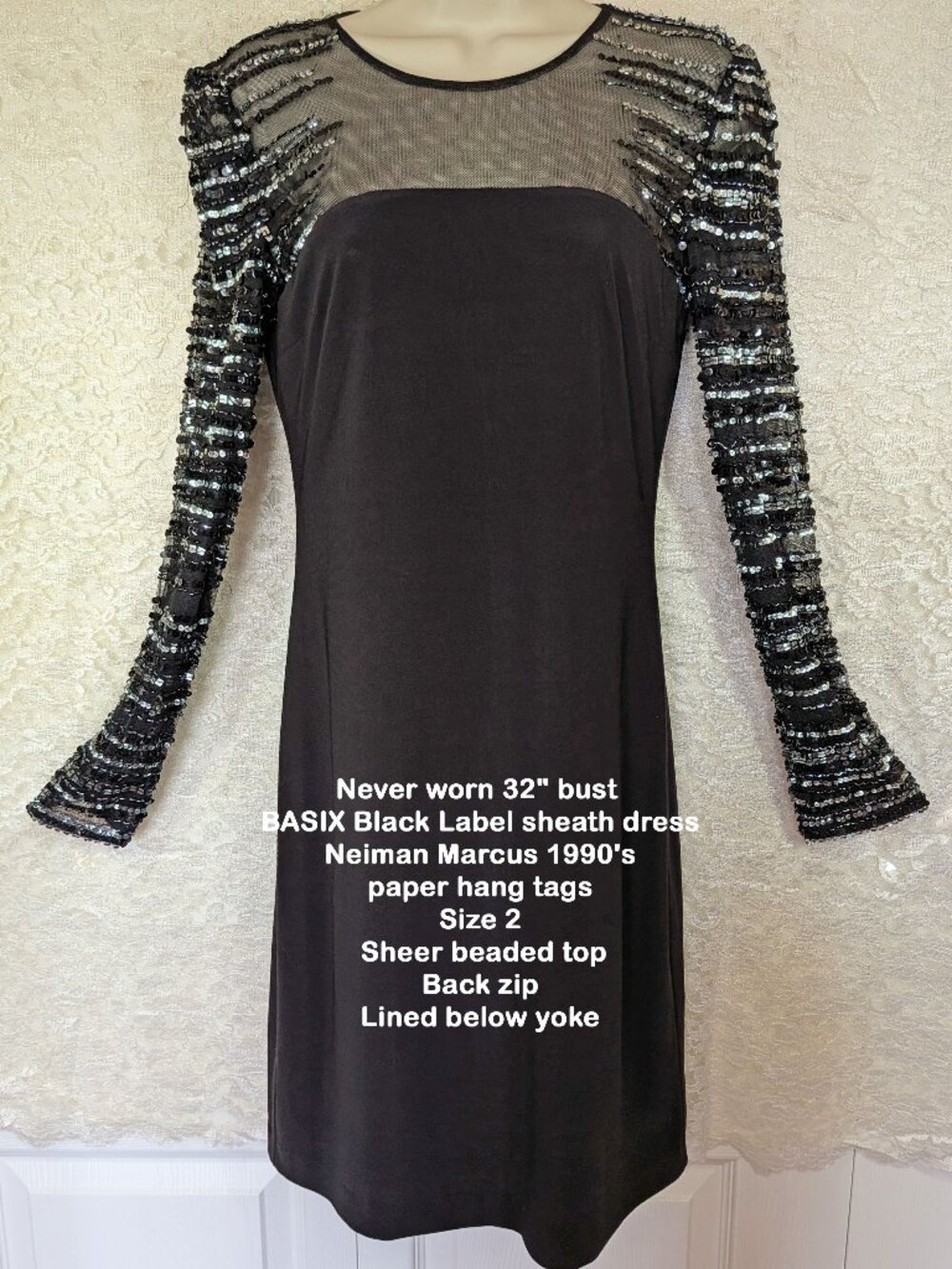 Never worn 32" bust BASIX Black Label sheath dress, Neiman Marcus 1990's paper h